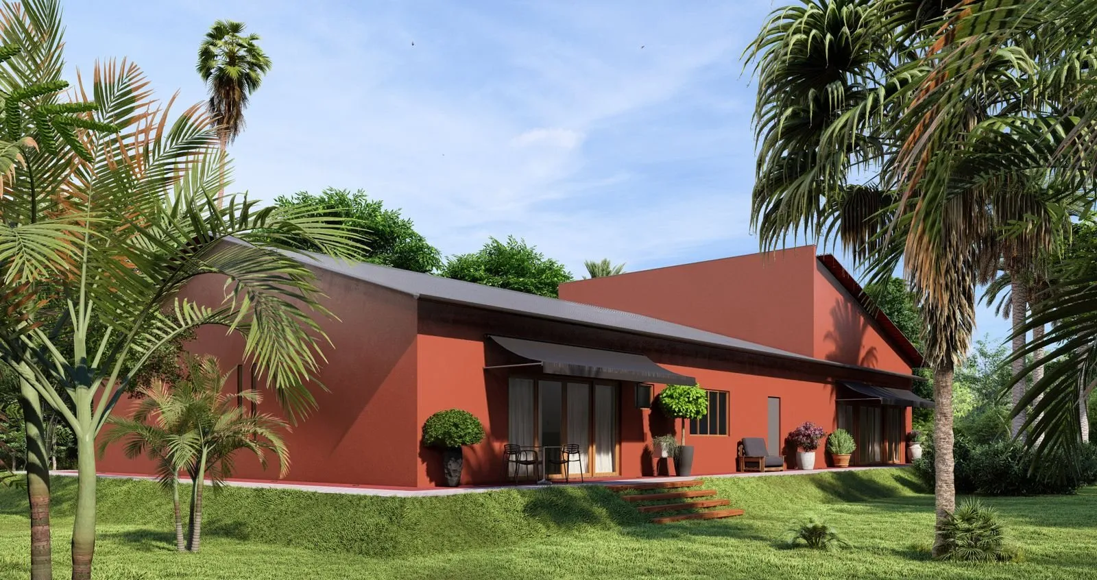 Imagem de estudo tridimensional: casa comprida em terracota entre palmeiras, de dia
