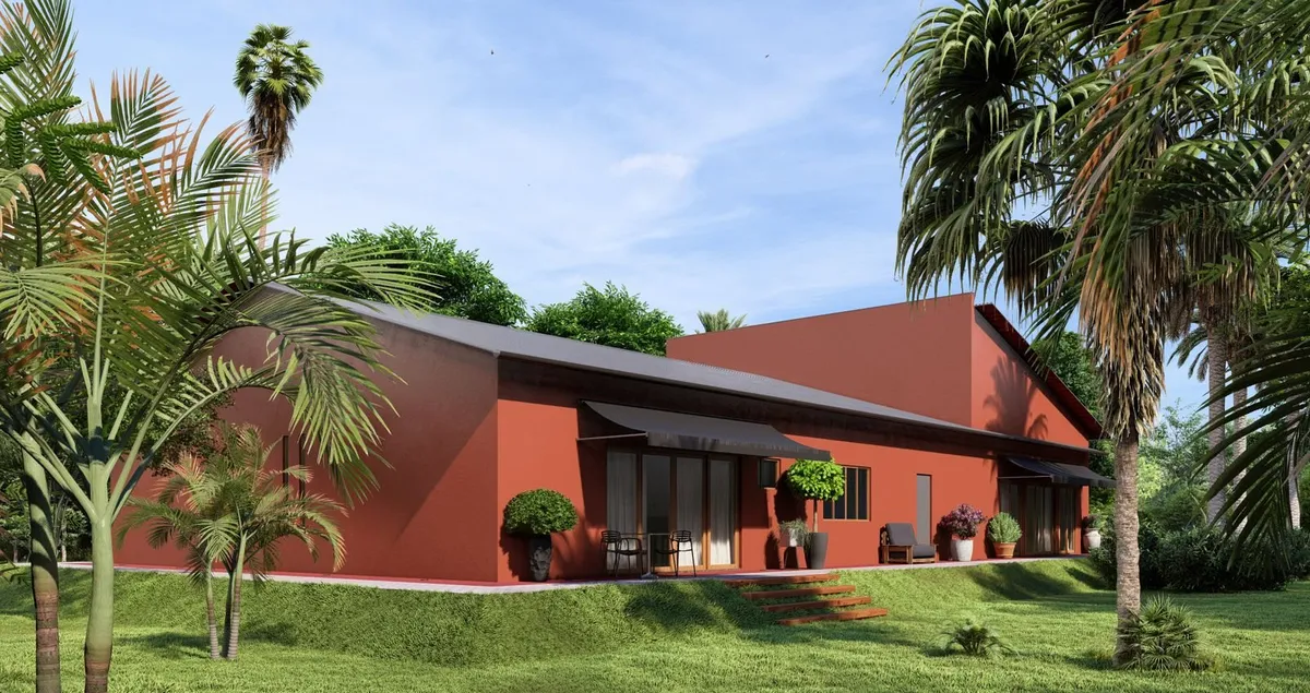 Imagem de estudo tridimensional: casa comprida em terracota entre palmeiras, de dia