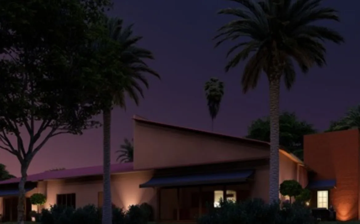 Imagem de estudo tridimensional: a mesma casa iluminada ao anoitecer